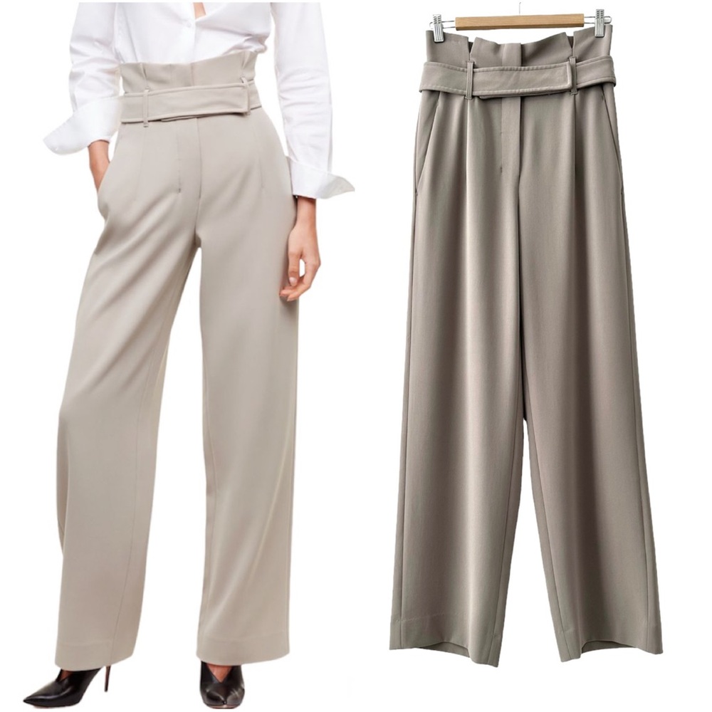 Aritzia Wide Leg High-Waist Belted Trousers in Light Taupe